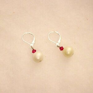 White round pearl style beaded drop earrings with silver metal loop